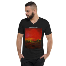 Load image into Gallery viewer, Unisex Short Sleeve V-Neck T-Shirt with &quot;World on Fire&quot; Artwork and Title