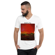 Load image into Gallery viewer, Unisex Short Sleeve V-Neck T-Shirt with &quot;World on Fire&quot; Artwork and Title