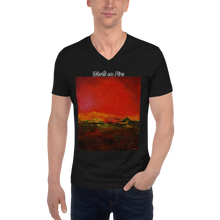 Load image into Gallery viewer, Unisex Short Sleeve V-Neck T-Shirt with &quot;World on Fire&quot; Artwork and Title