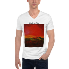 Load image into Gallery viewer, Unisex Short Sleeve V-Neck T-Shirt with &quot;World on Fire&quot; Artwork and Title