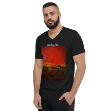 Load image into Gallery viewer, Unisex Short Sleeve V-Neck T-Shirt with &quot;World on Fire&quot; Artwork and Title