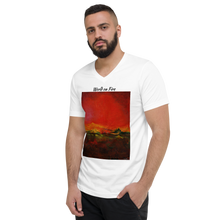 Load image into Gallery viewer, Unisex Short Sleeve V-Neck T-Shirt with &quot;World on Fire&quot; Artwork and Title