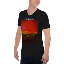 Load image into Gallery viewer, Unisex Short Sleeve V-Neck T-Shirt with &quot;World on Fire&quot; Artwork and Title