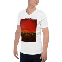 Load image into Gallery viewer, Unisex Short Sleeve V-Neck T-Shirt with &quot;World on Fire&quot; Artwork and Title