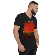 Load image into Gallery viewer, Unisex Short Sleeve V-Neck T-Shirt with &quot;World on Fire&quot; Artwork and Title