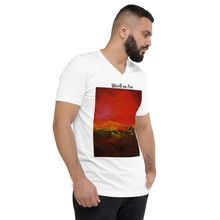 Load image into Gallery viewer, Unisex Short Sleeve V-Neck T-Shirt with &quot;World on Fire&quot; Artwork and Title