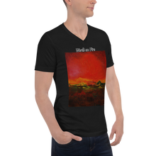 Load image into Gallery viewer, Unisex Short Sleeve V-Neck T-Shirt with &quot;World on Fire&quot; Artwork and Title