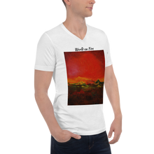 Load image into Gallery viewer, Unisex Short Sleeve V-Neck T-Shirt with &quot;World on Fire&quot; Artwork and Title